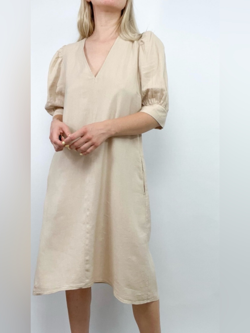 V-Neck Cream Midi Dress with Puff Elbow Sleeves